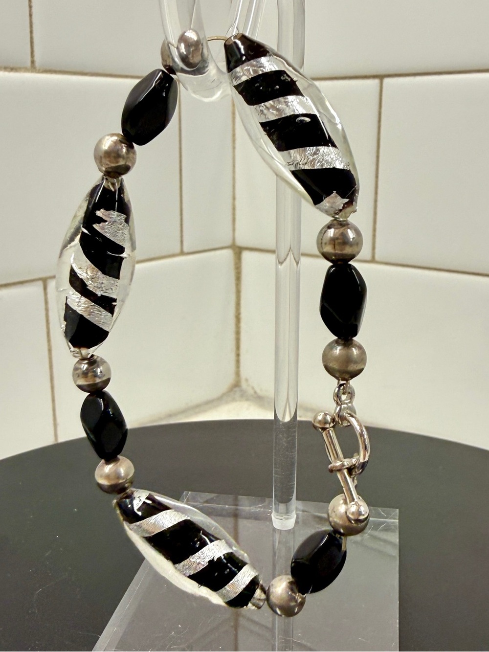 Handmade Black Bead Bracelet with Silver Accents